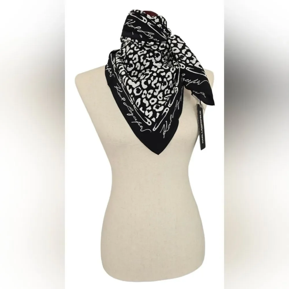 Karl Lagerfeld Black and White Leopard Print Silk Scarf